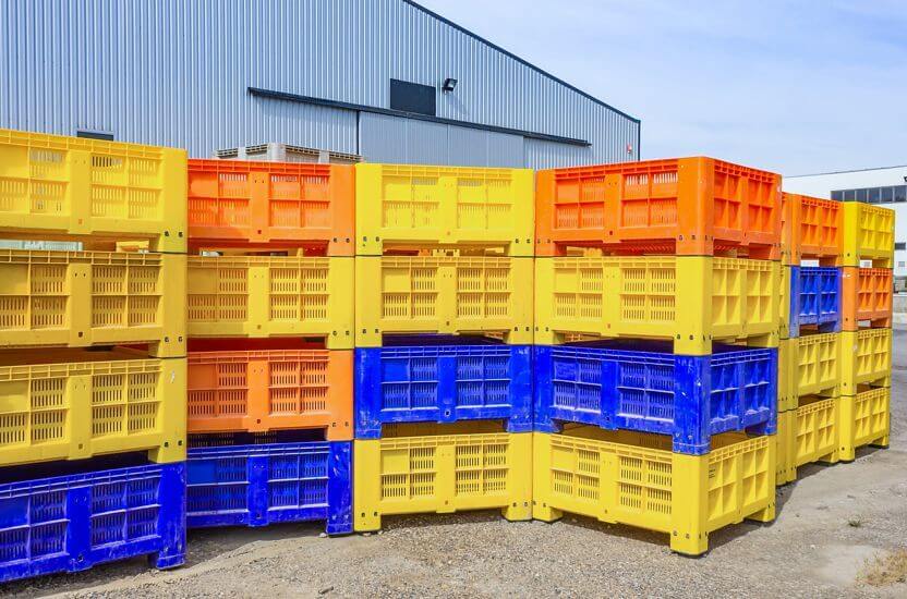 Plastic crates stored in a warehouse