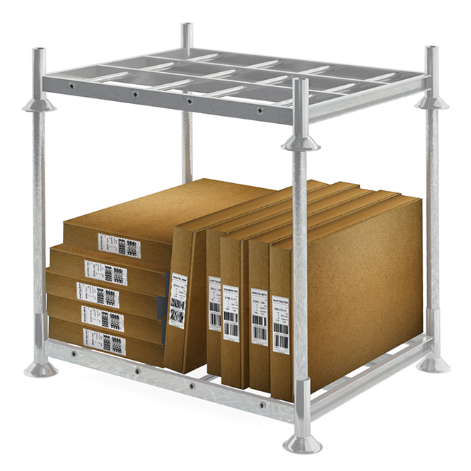 Packages for shipment stacked on mobile storage racks